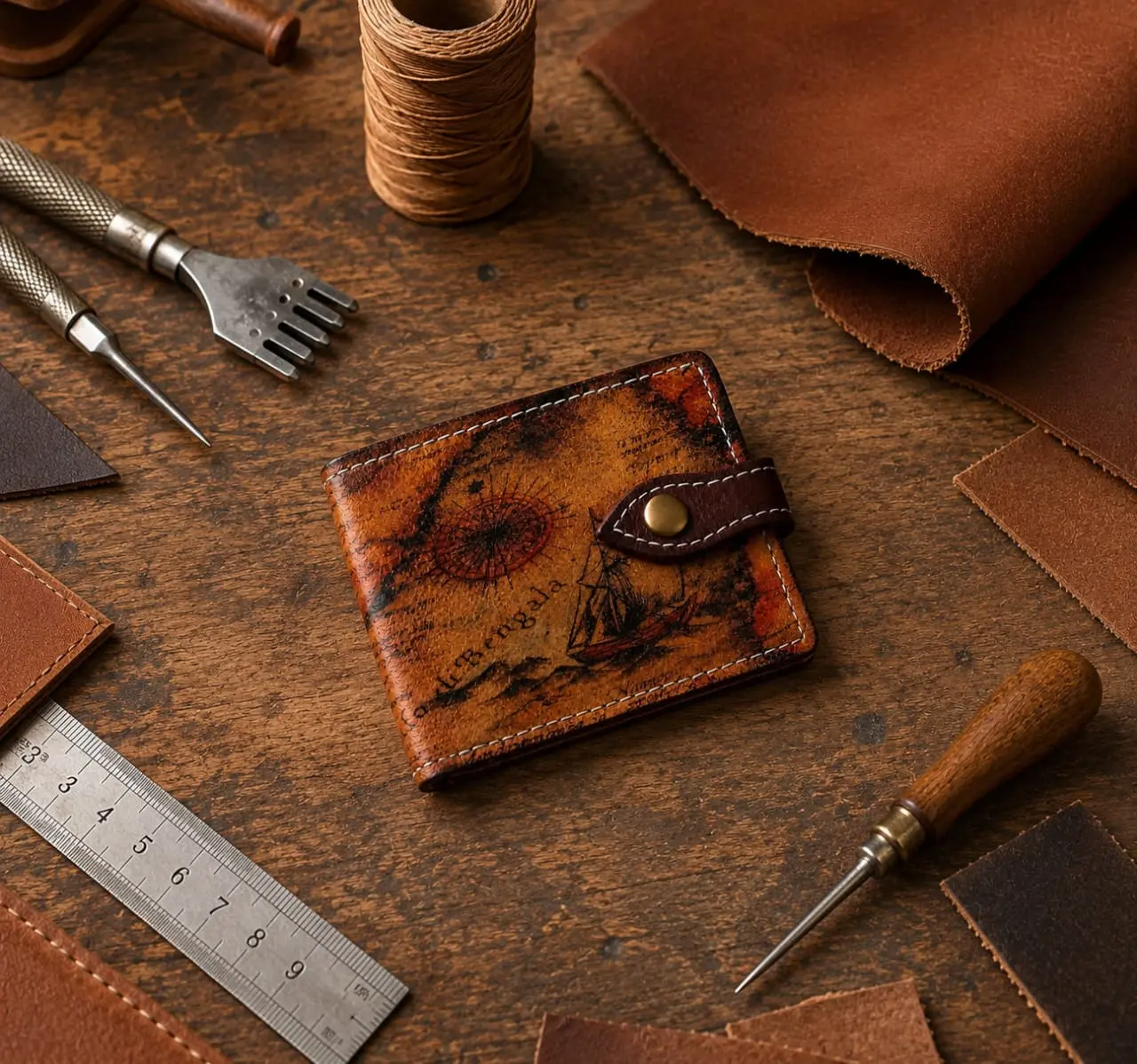 Leather bi-fold wallet with vintage travel map print