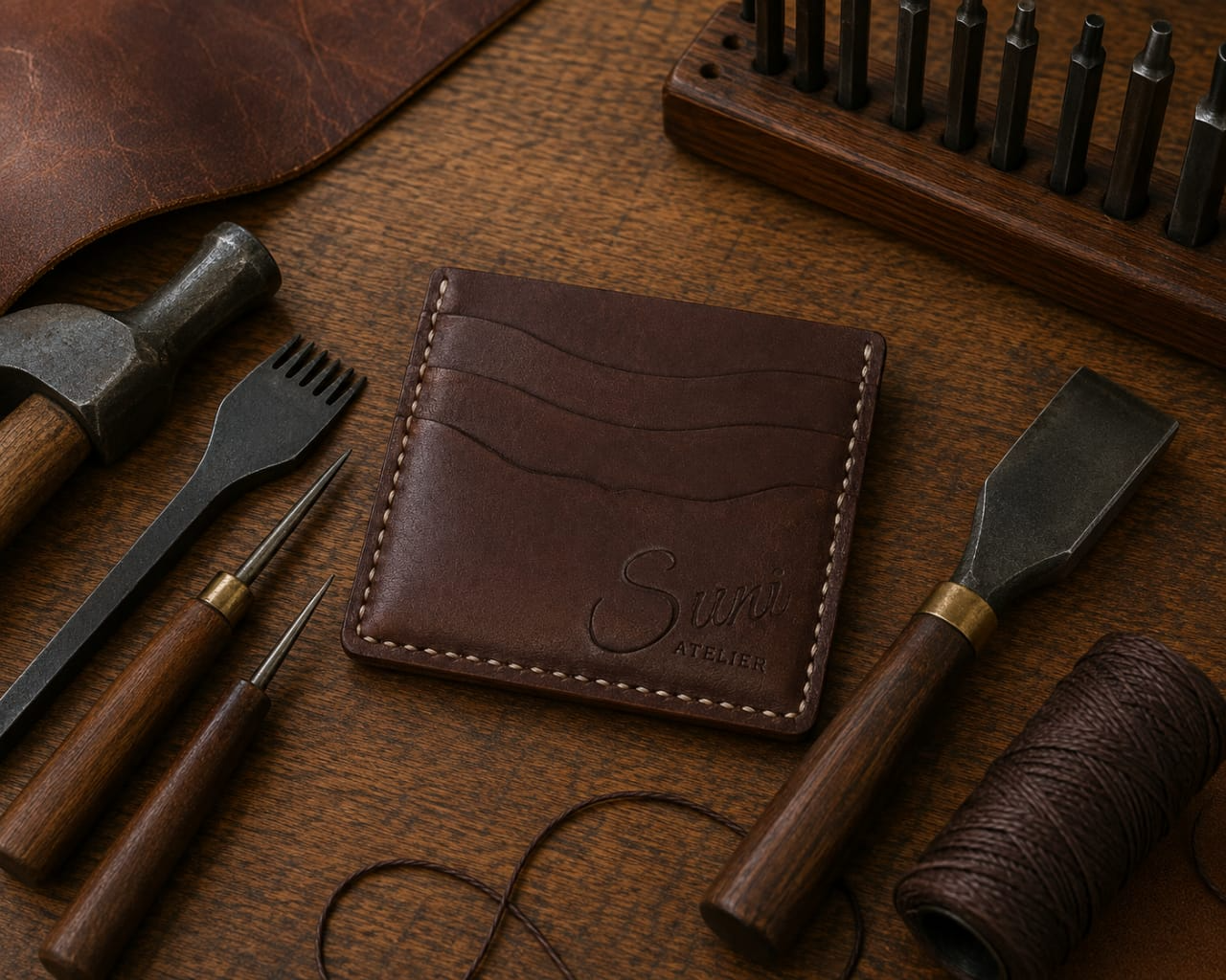 Slim brown leather card holder with three slots