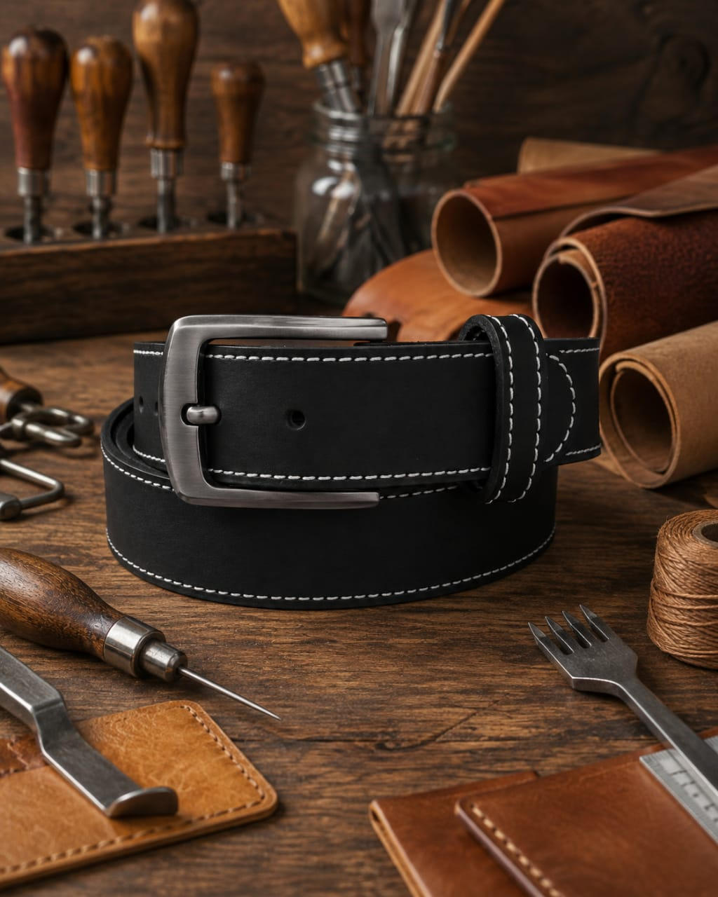 Black full grain leather belt with white stitching and alloy buckle