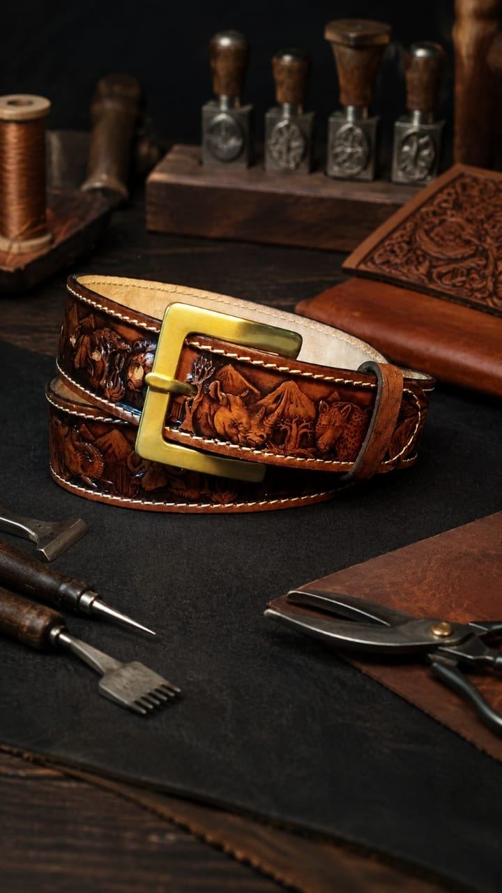 Hand-tooled Big 5 full grain leather belt with solid brass buckle