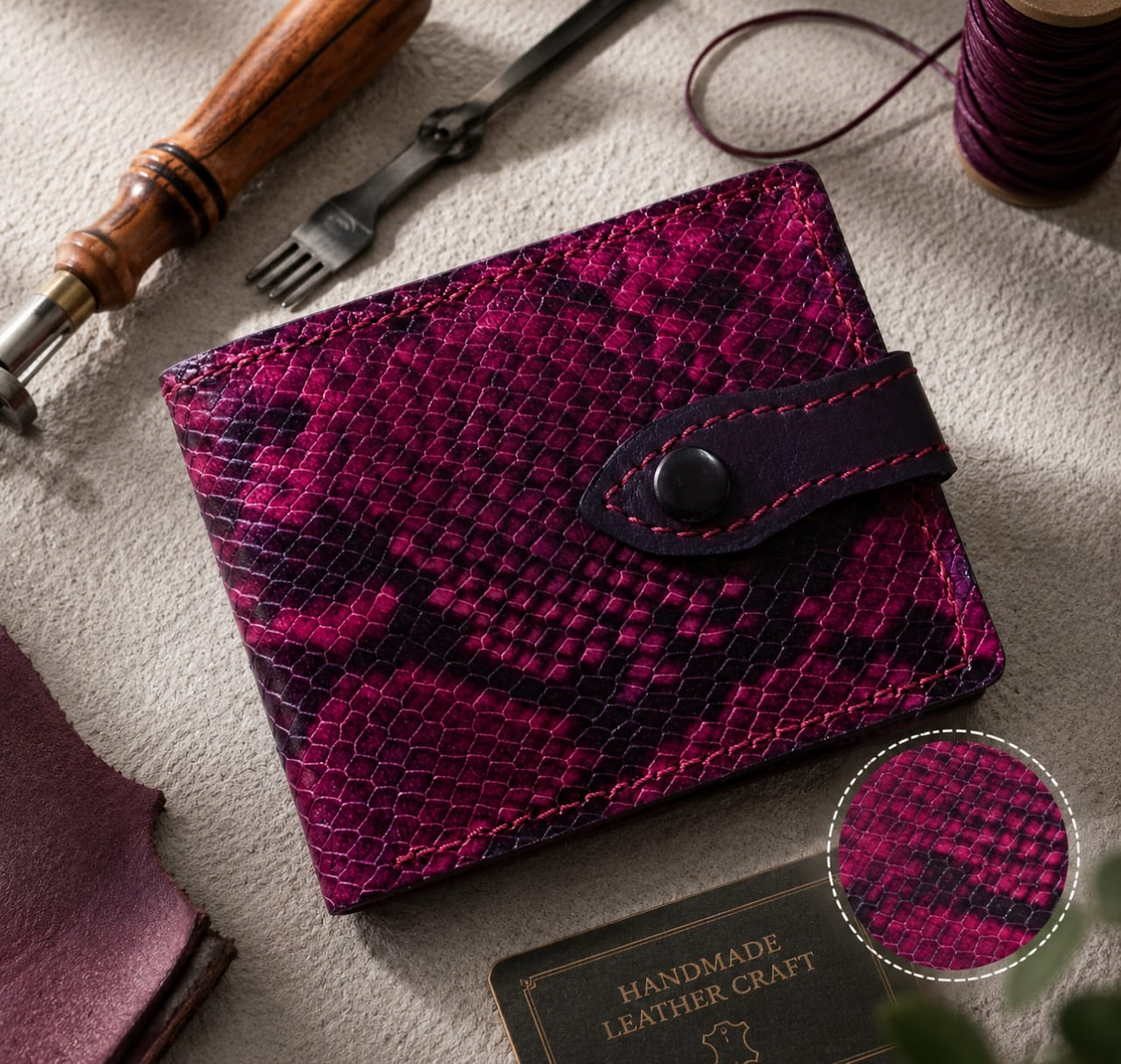 Magenta python print leather bi-fold wallet