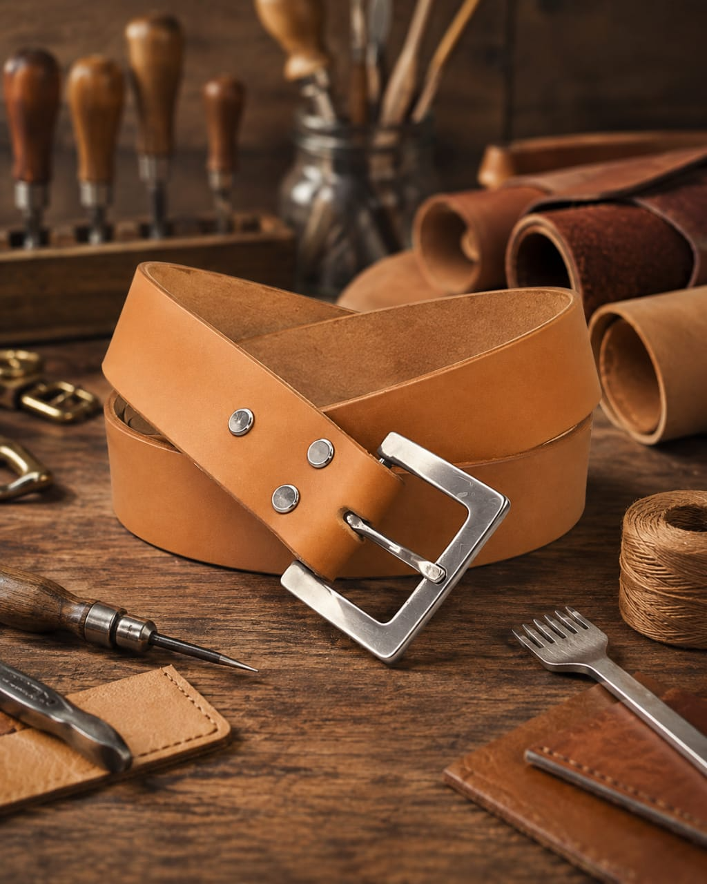 Tan full grain leather belt without stitching and silver buckle