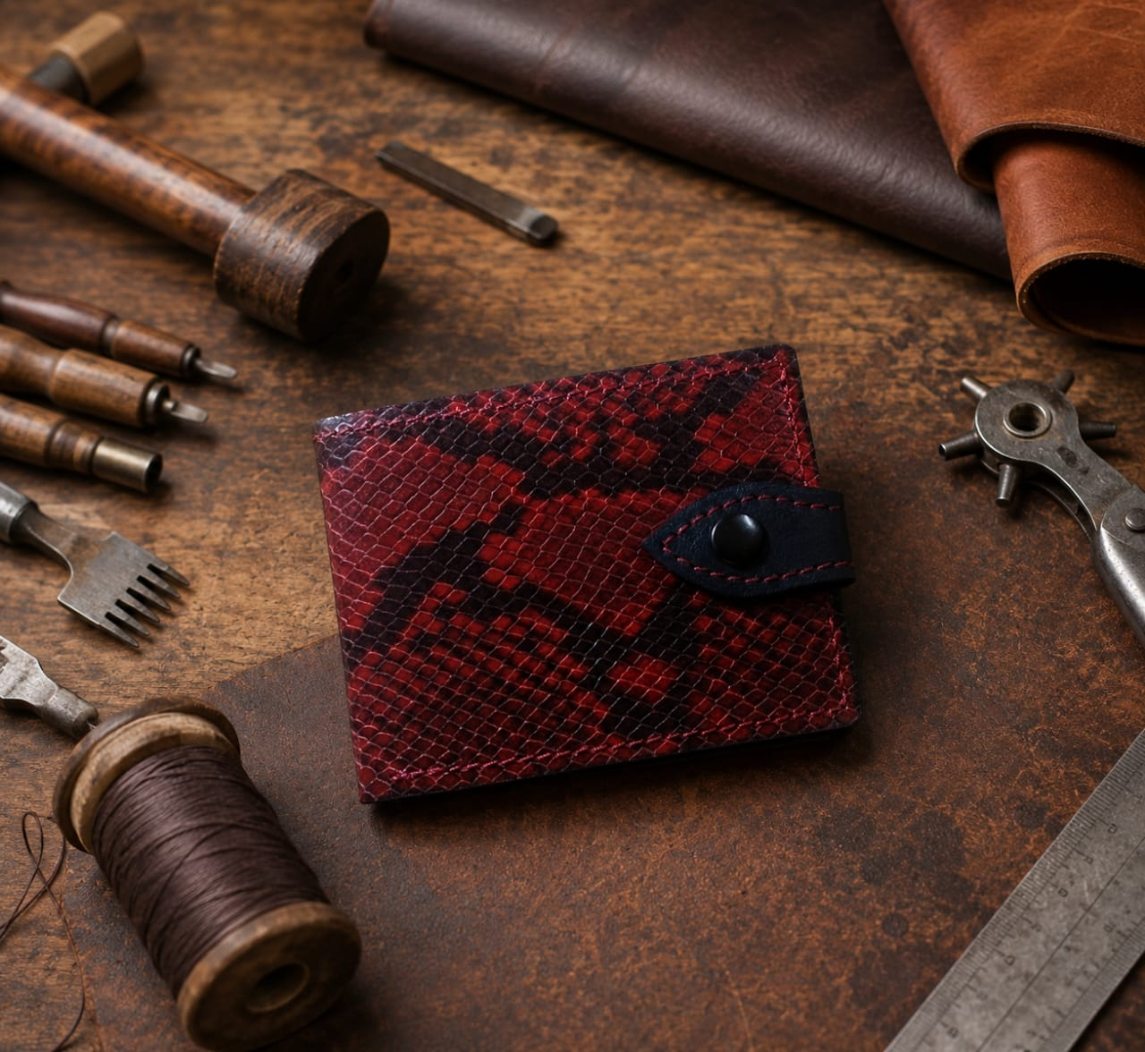 Red and black python print leather bi-fold wallet