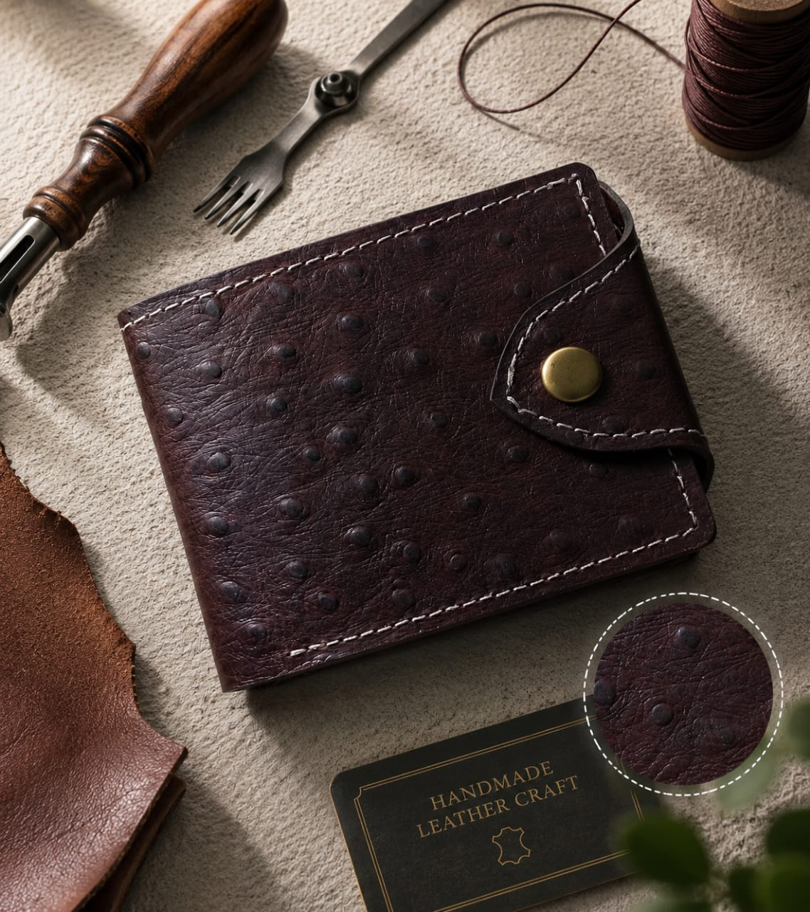 Burgundy ostrich leather bi-fold wallet