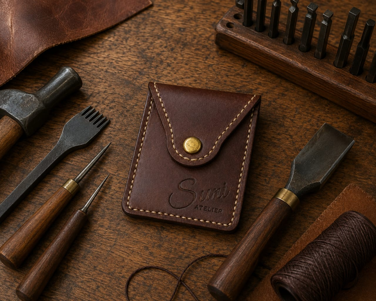 Brown leather pouch with flap and brass snap