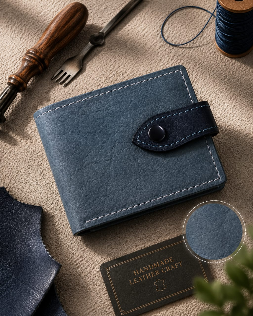 Elephant leather bi-fold wallet in navy blue with white stitching