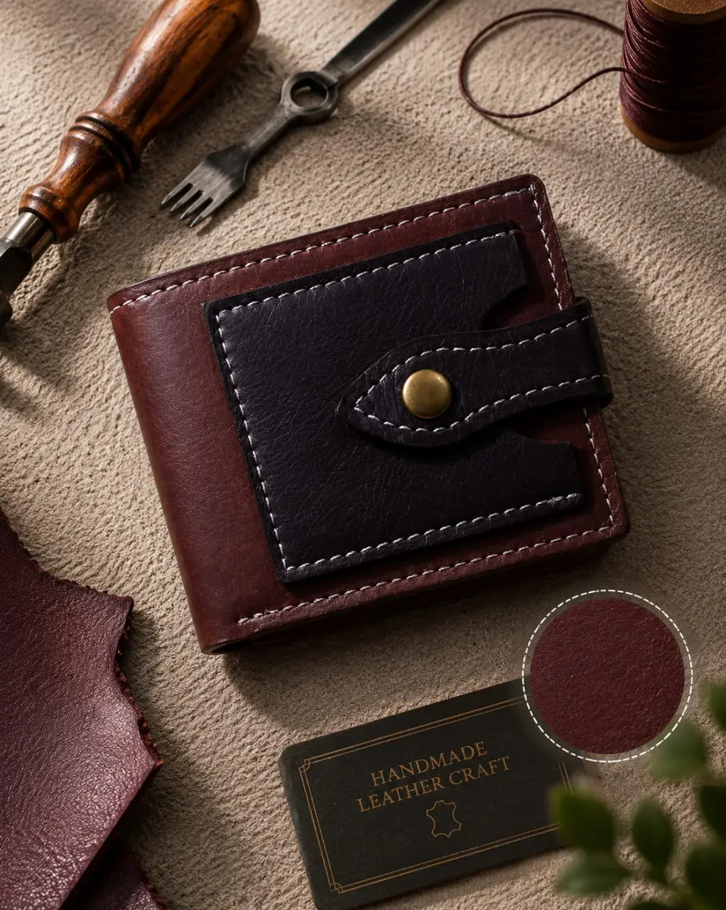 Two-tone leather bi-fold wallet with dark front pocket