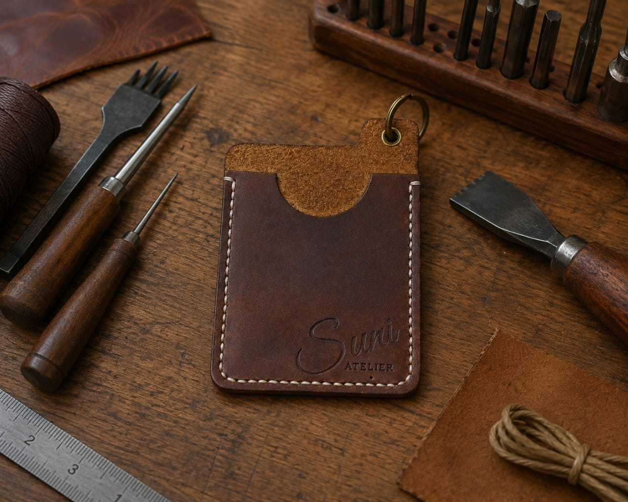 Brown leather card holder with keyring