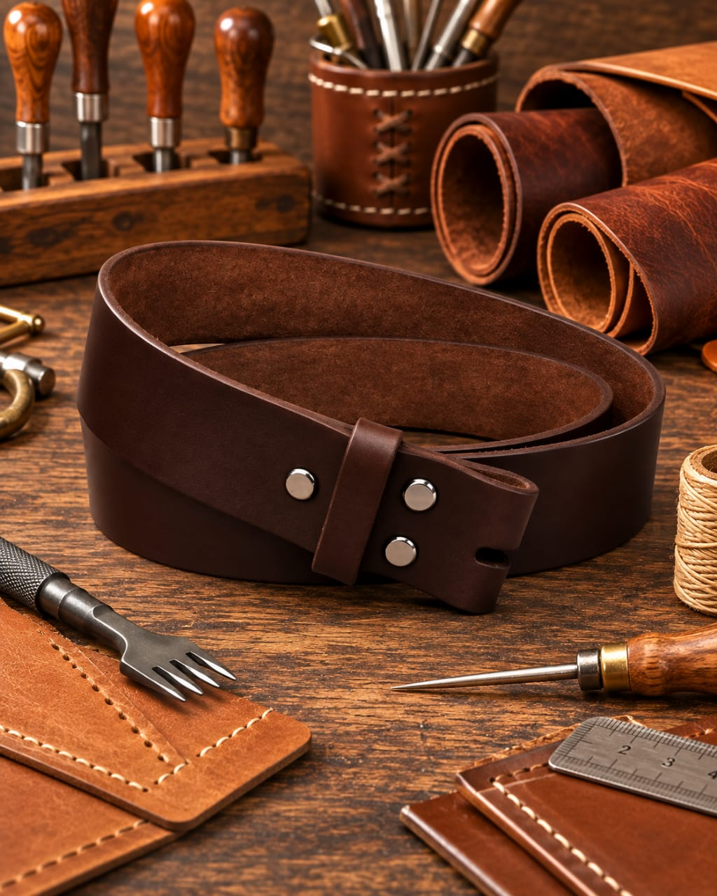 Brown full grain leather belt strip with chicago screws and no buckle
